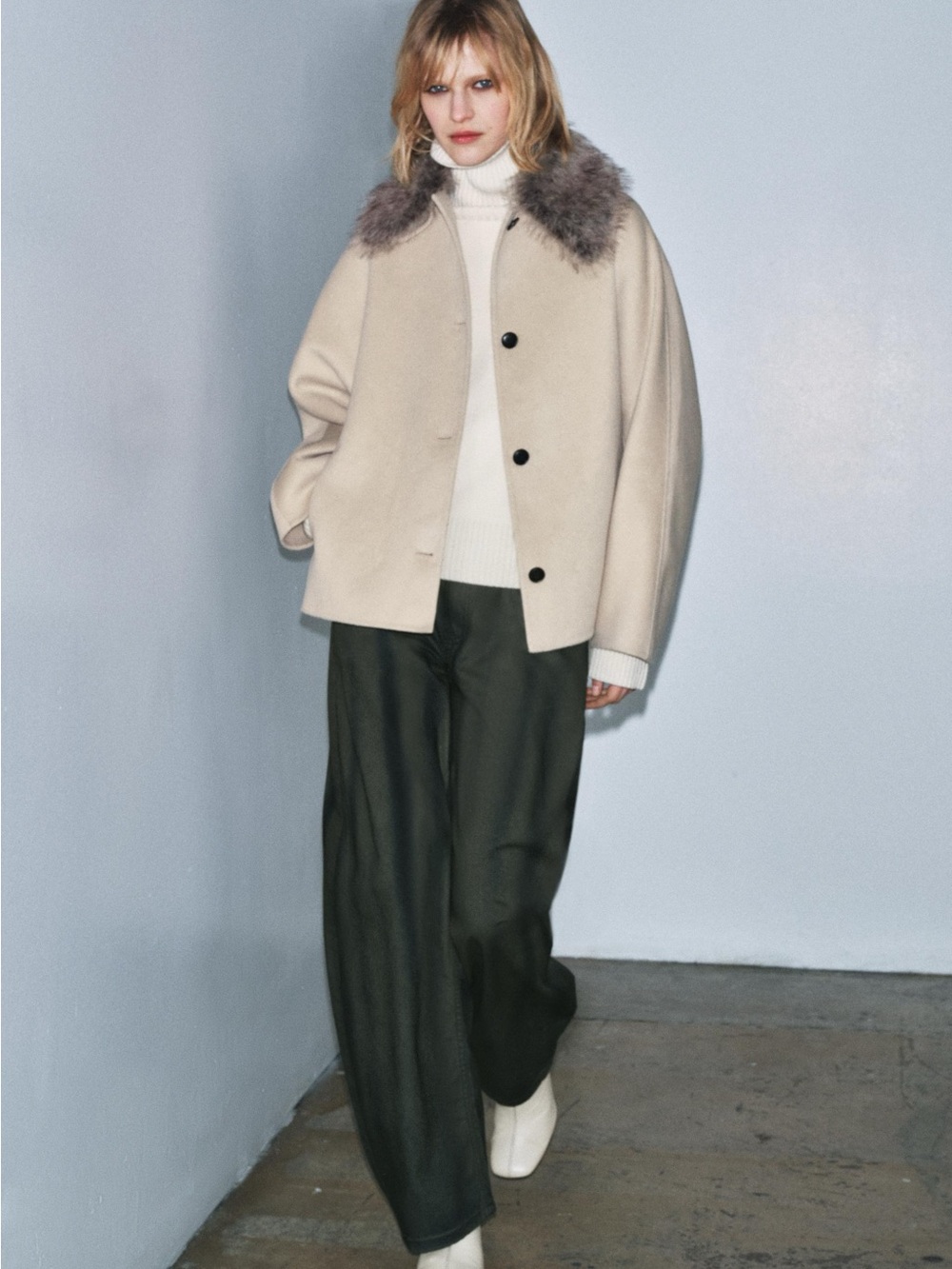 Zara Cream Cape Coat with Faux Fur Taupe Collar